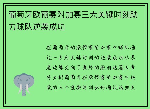 葡萄牙欧预赛附加赛三大关键时刻助力球队逆袭成功