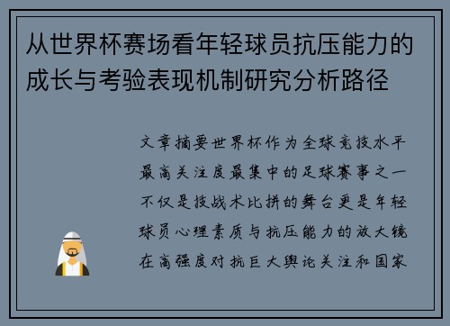 从世界杯赛场看年轻球员抗压能力的成长与考验表现机制研究分析路径