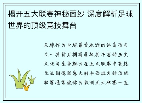 揭开五大联赛神秘面纱 深度解析足球世界的顶级竞技舞台