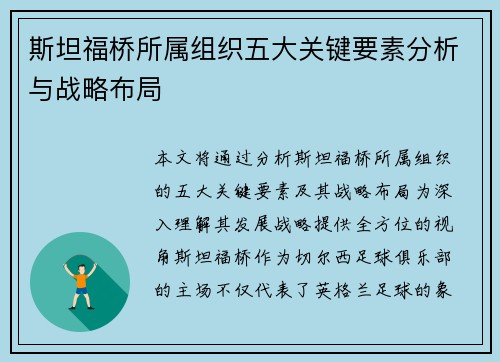 斯坦福桥所属组织五大关键要素分析与战略布局